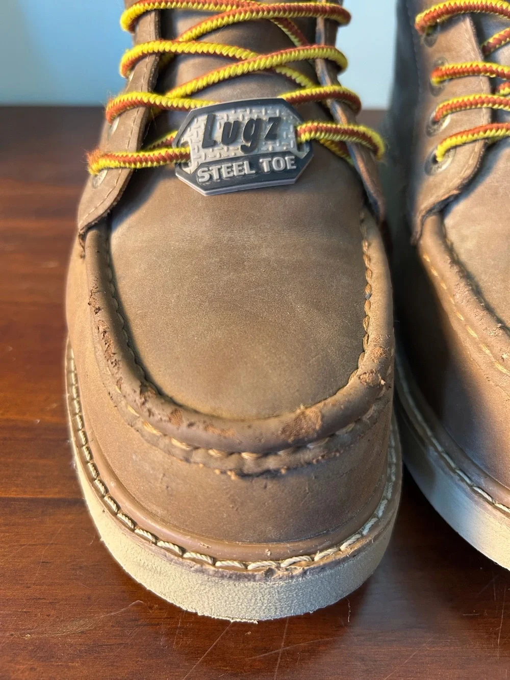 Lugz Brown Monterey Steel-Toe Work Boots Cashew Yellow-Trim Laces Sz 7.5W